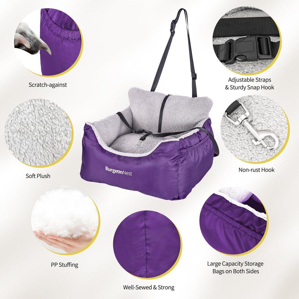 BurgeonNest Dog Car Seat for Small Dogs — Detachable, Washable, Under 25 lbs, Purple