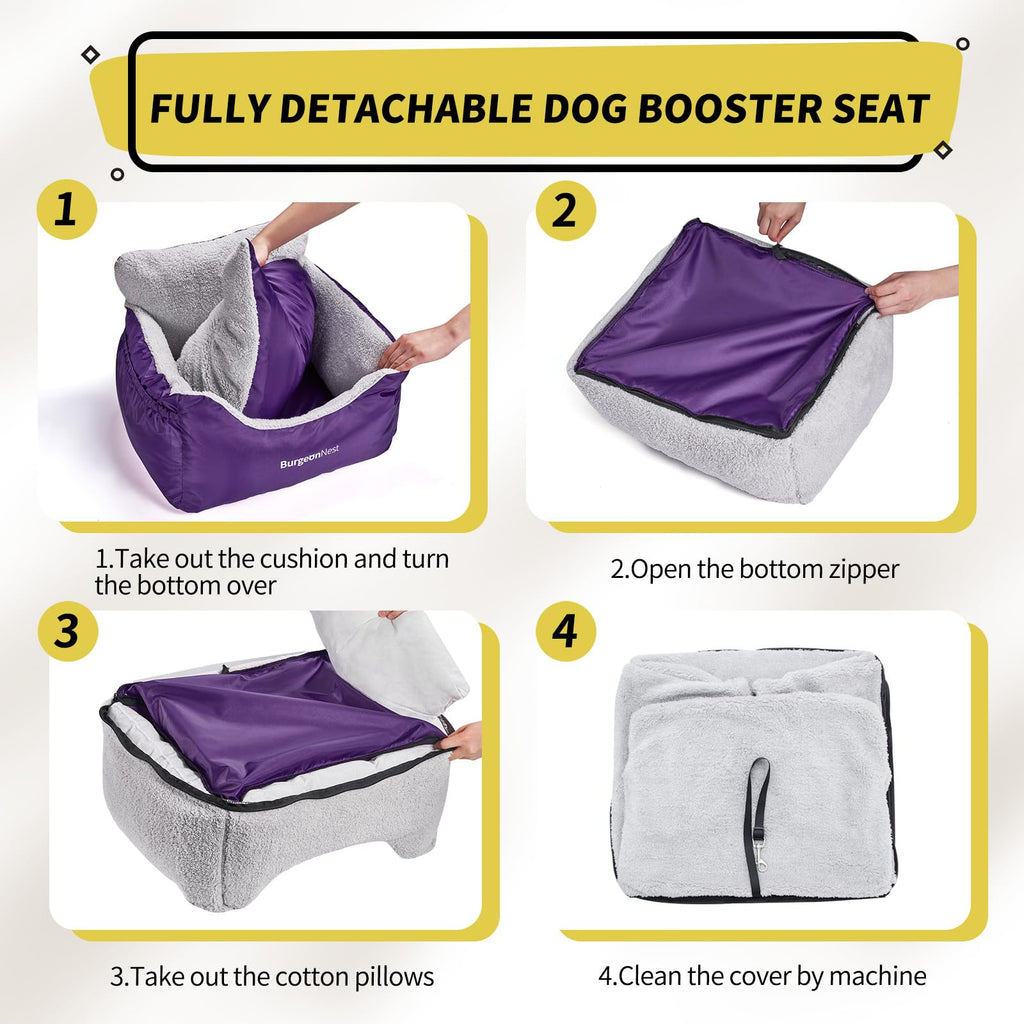 BurgeonNest Dog Car Seat for Small Dogs — Detachable, Washable, Under 25 lbs, Purple