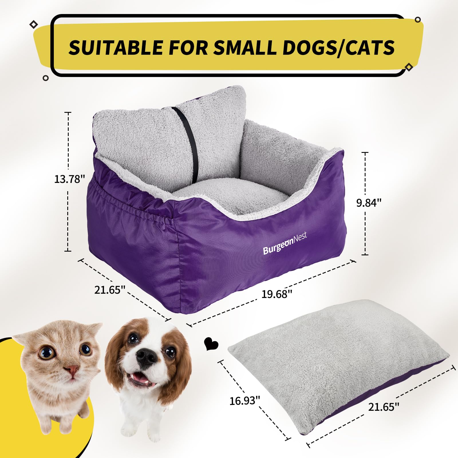 BurgeonNest Dog Car Seat for Small Dogs — Detachable, Washable, Under 25 lbs, Purple