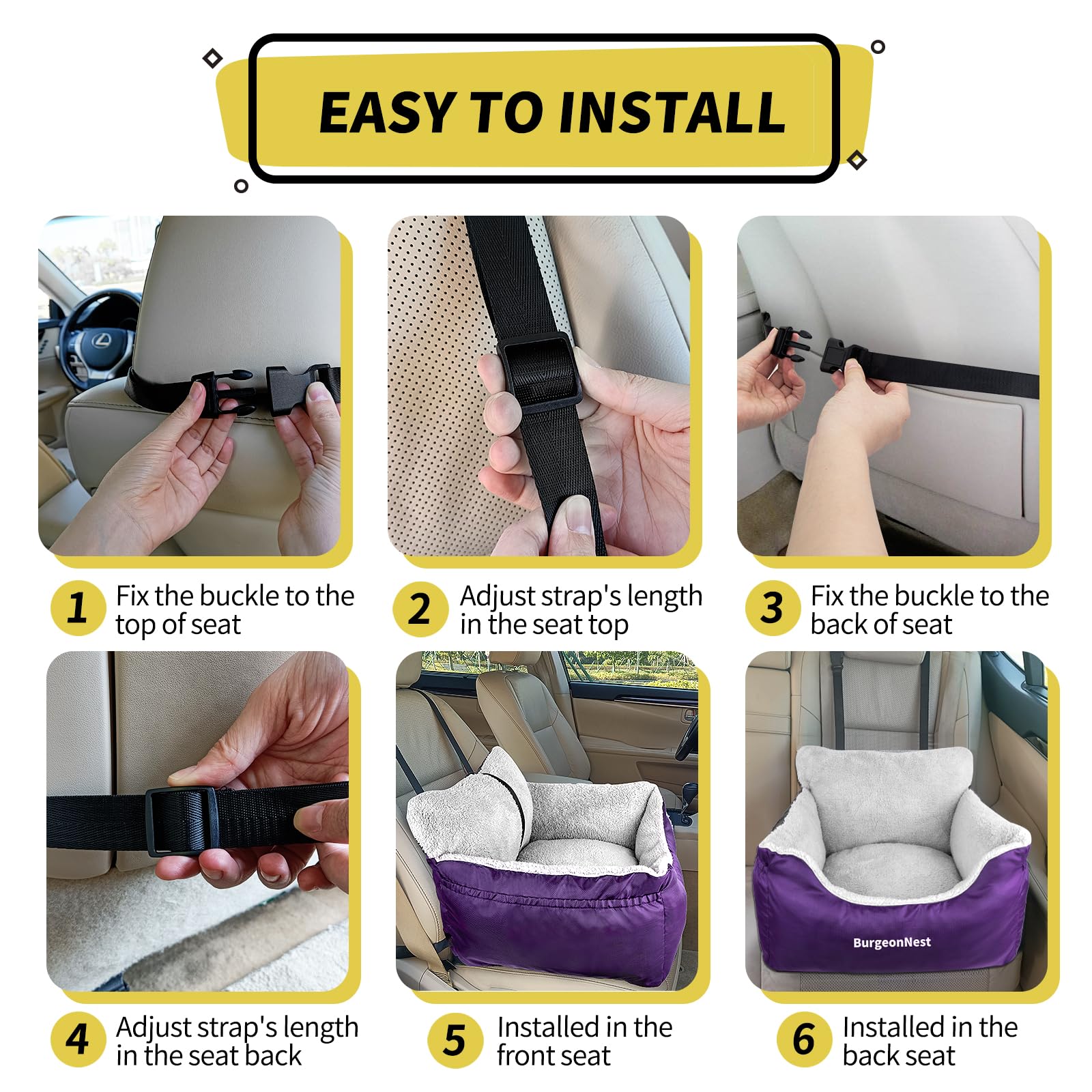 BurgeonNest Dog Car Seat for Small Dogs — Detachable, Washable, Under 25 lbs, Purple