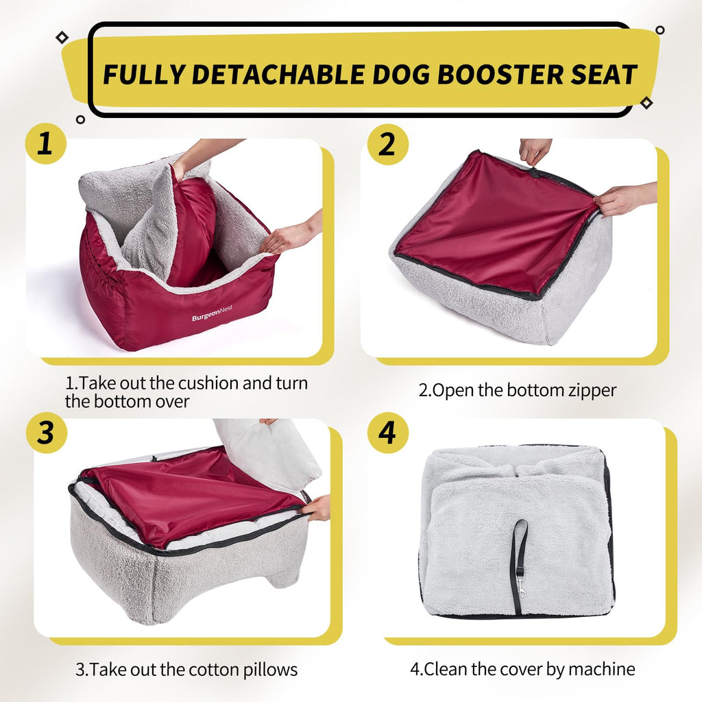 BurgeonNest Dog Car Seat for Small Dogs – Detachable, Washable, Under 25 lbs (Red)