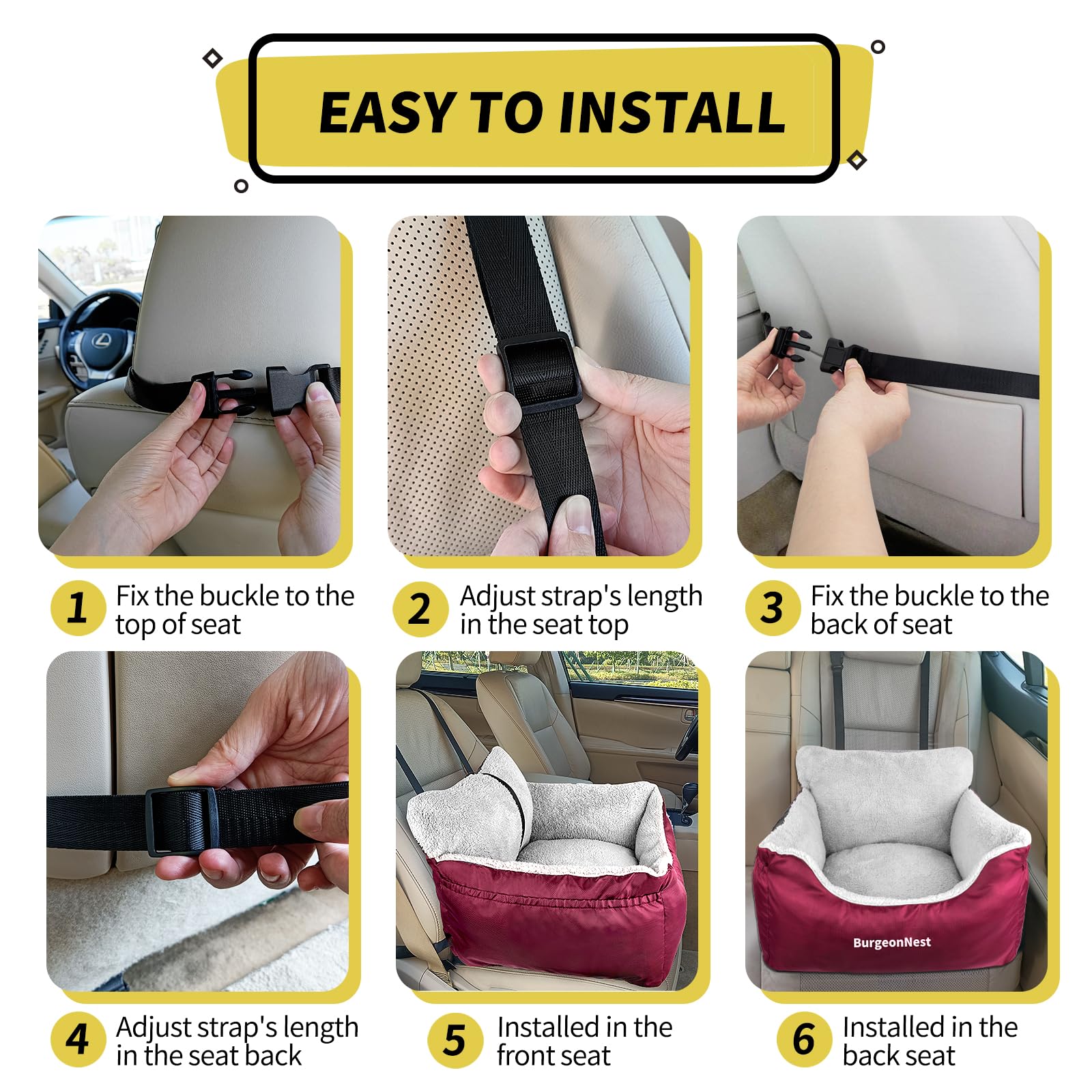 BurgeonNest Dog Car Seat for Small Dogs – Detachable, Washable, Under 25 lbs (Red)