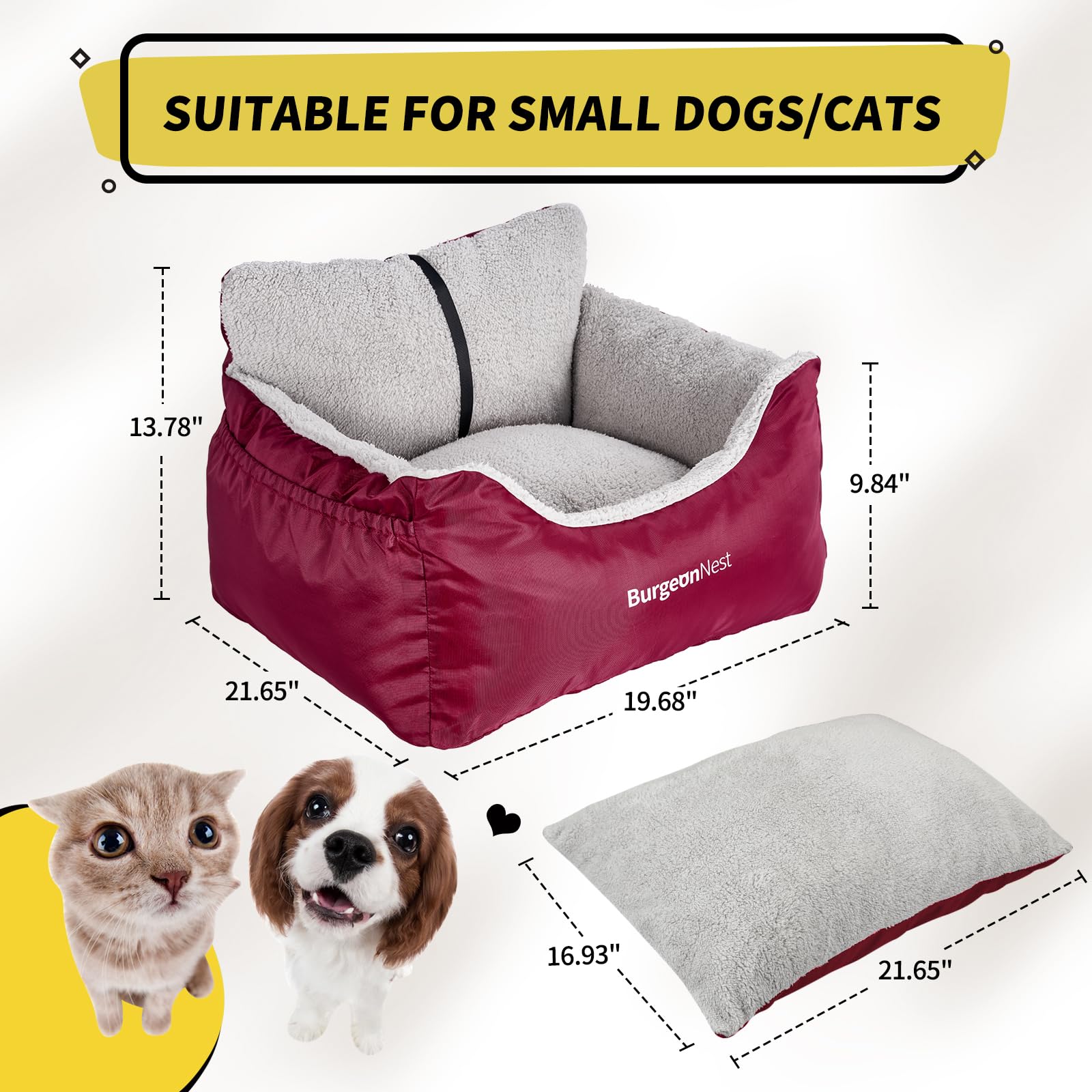 BurgeonNest Dog Car Seat for Small Dogs – Detachable, Washable, Under 25 lbs (Red)