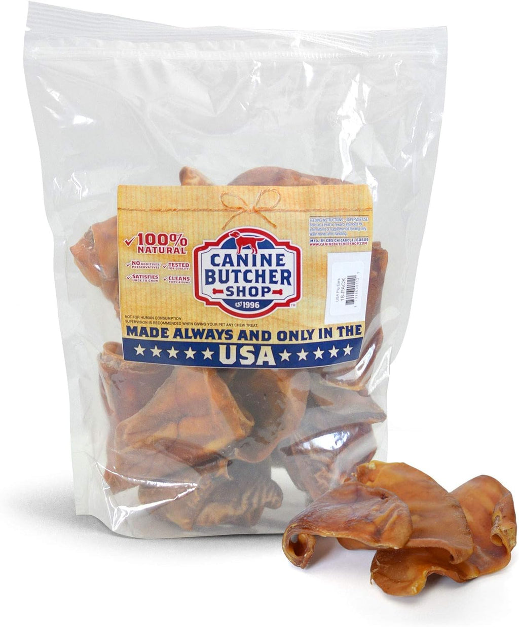 Canine Butcher Shop Pig Ears for Dogs – Large USA Made, 18-Pack