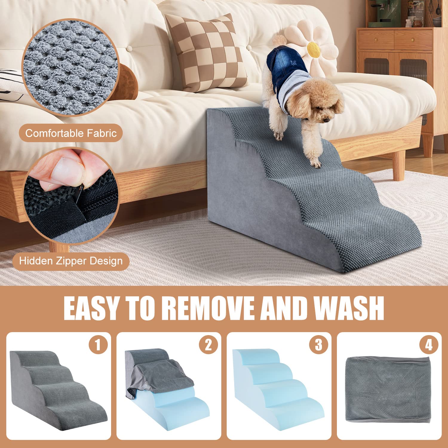Chic Threads Dog Stairs for High Beds - 4-Step Non-Slip Indoor Pet Steps