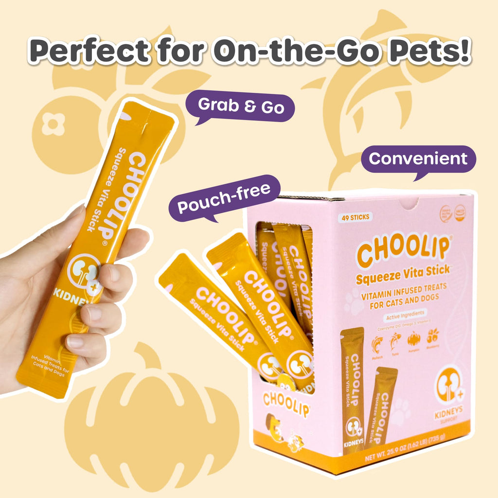 Choolip Squeeze Vita Stick Lickable Treats for Cats & Dogs – 49-Count Kidney Support Pack (Tuna & Pollack, Cranberry, CoQ10, Omega-3)