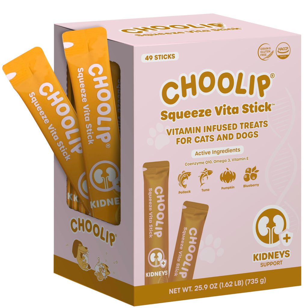 Choolip Squeeze Vita Stick Lickable Treats for Cats & Dogs – 49-Count Kidney Support Pack (Tuna & Pollack, Cranberry, CoQ10, Omega-3)