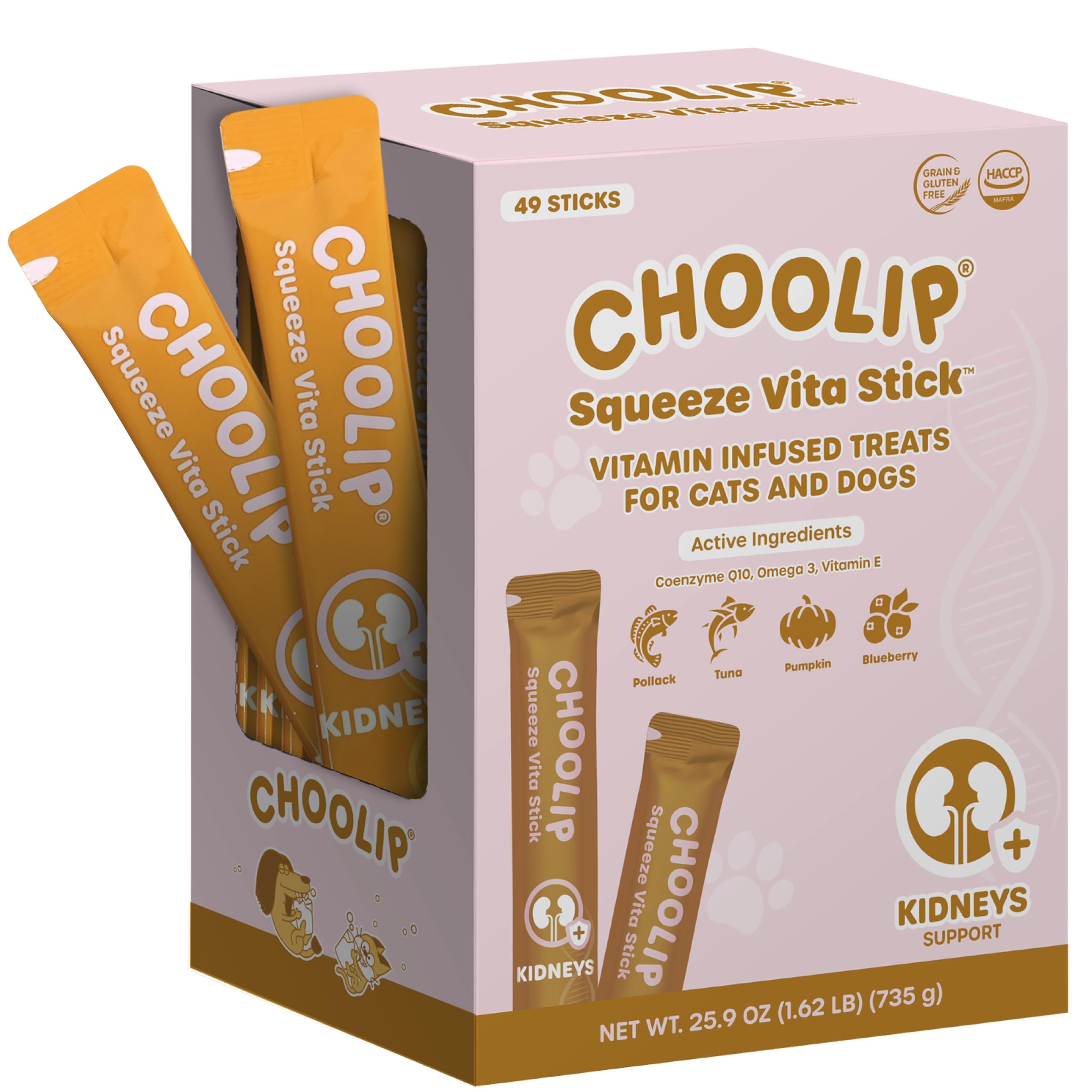 Choolip Squeeze Vita Stick Lickable Treats for Cats & Dogs – 49-Count Kidney Support Pack (Tuna & Pollack, Cranberry, CoQ10, Omega-3)