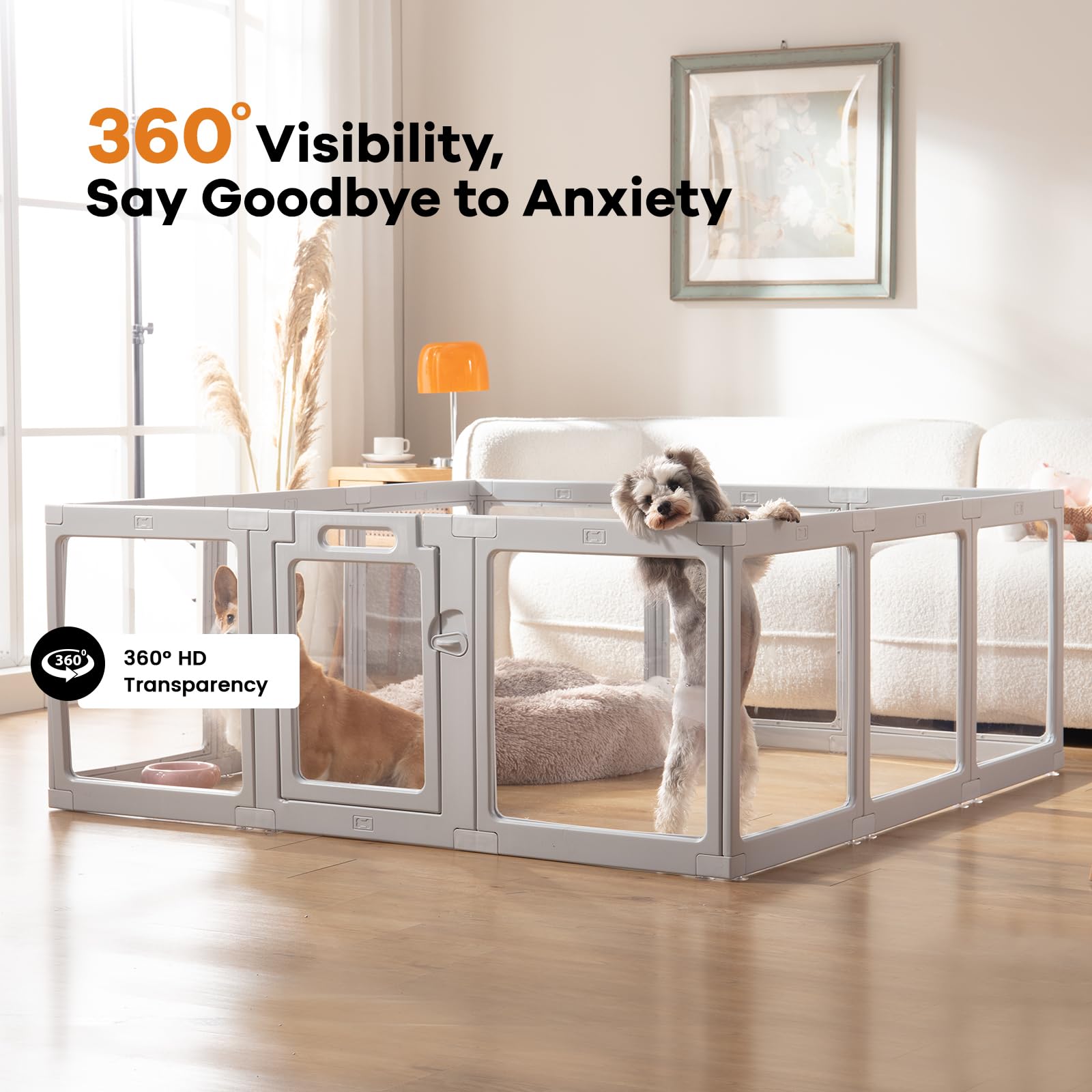ClimbHope Clear Acrylic Dog Playpen Indoor – 10-Panel Pet Fence & Whelping Cage (Grey)