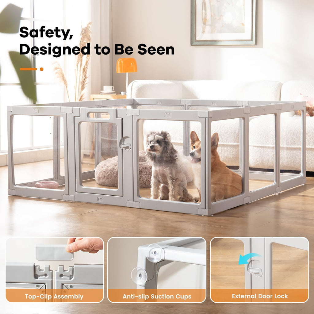 ClimbHope Clear Acrylic Dog Playpen Indoor – 10-Panel Pet Fence & Whelping Cage (Grey)