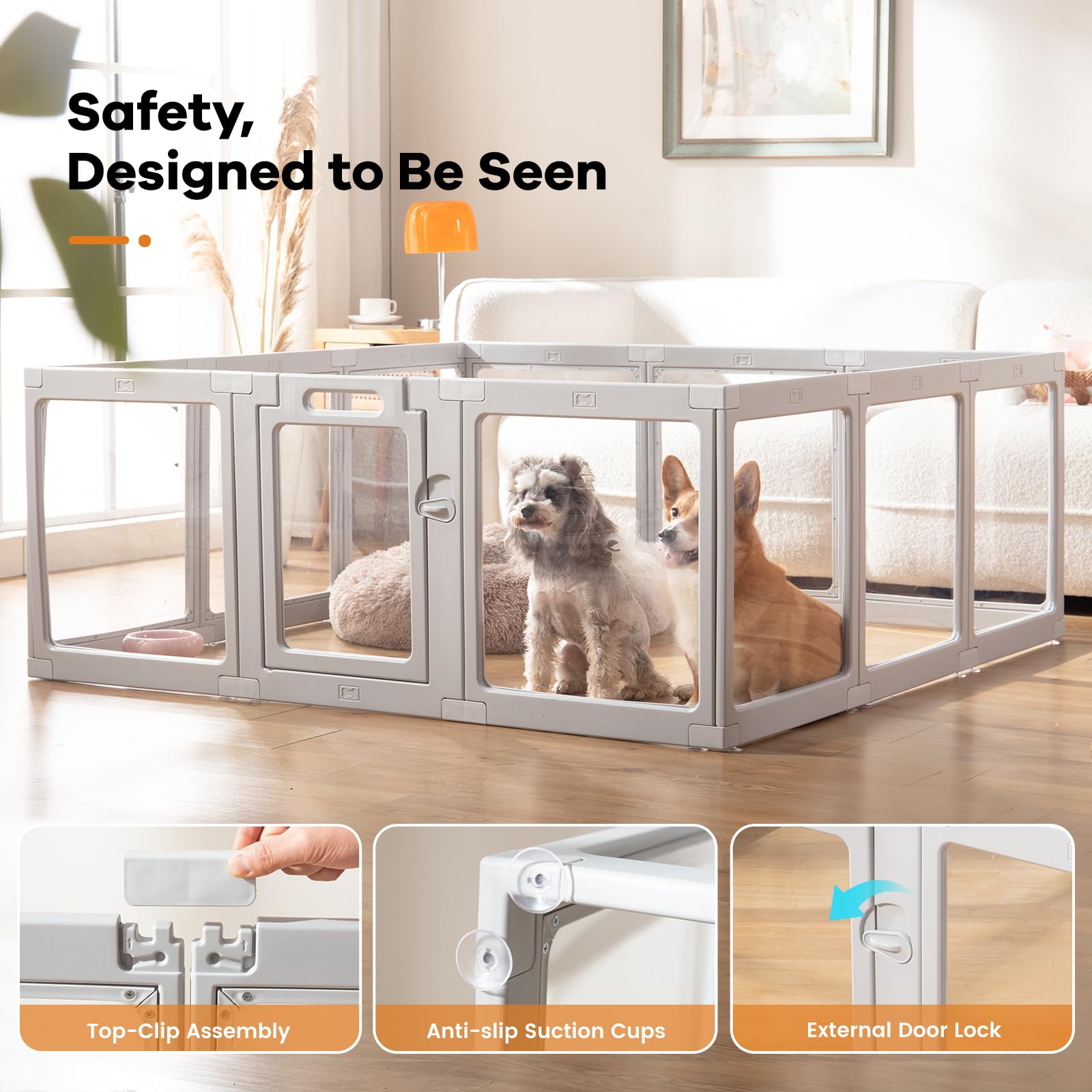 ClimbHope Clear Acrylic Dog Playpen Indoor – 10-Panel Pet Fence & Whelping Cage (Grey)