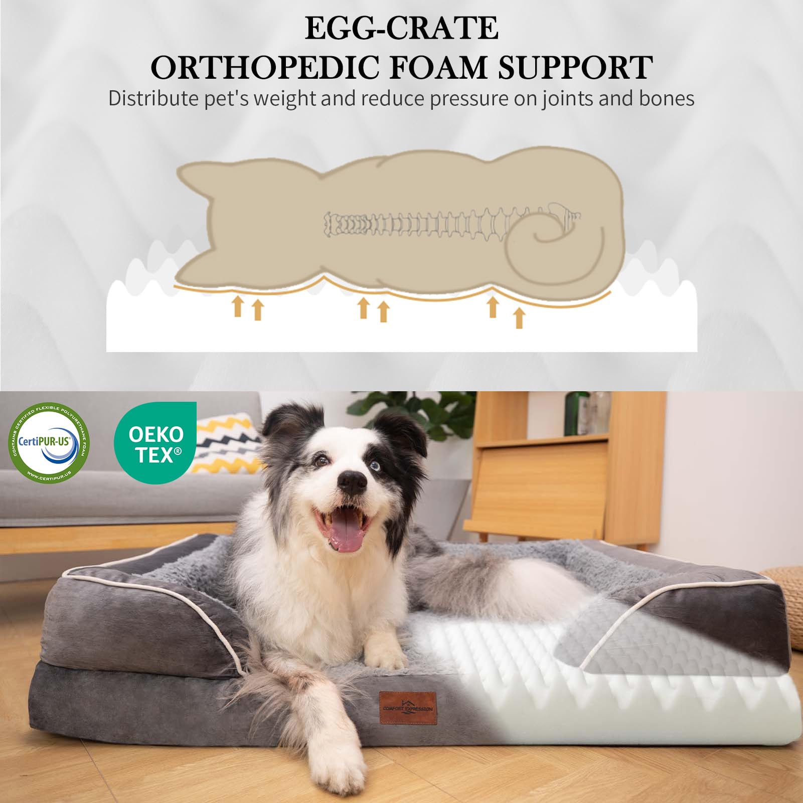 Comfort Expression Orthopedic Dog Bed for Large Dogs — 38x25 in, Waterproof, Non-Slip
