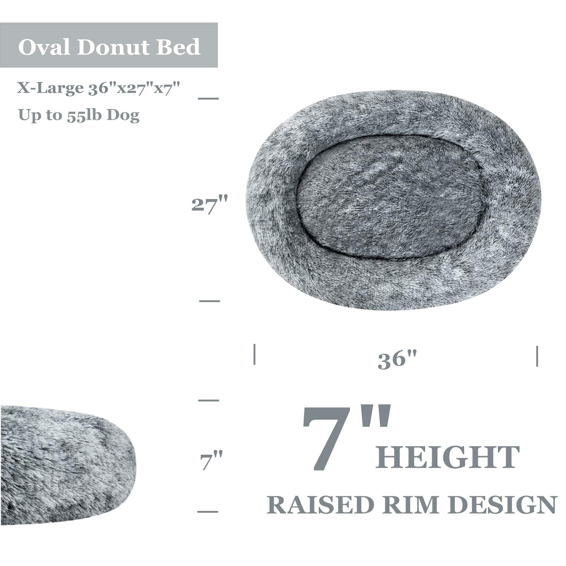 Coohom Oval Calming Donut Cuddler Dog Bed – Grey Shag Faux Fur Round Pet Bed (30/36/43 inches)