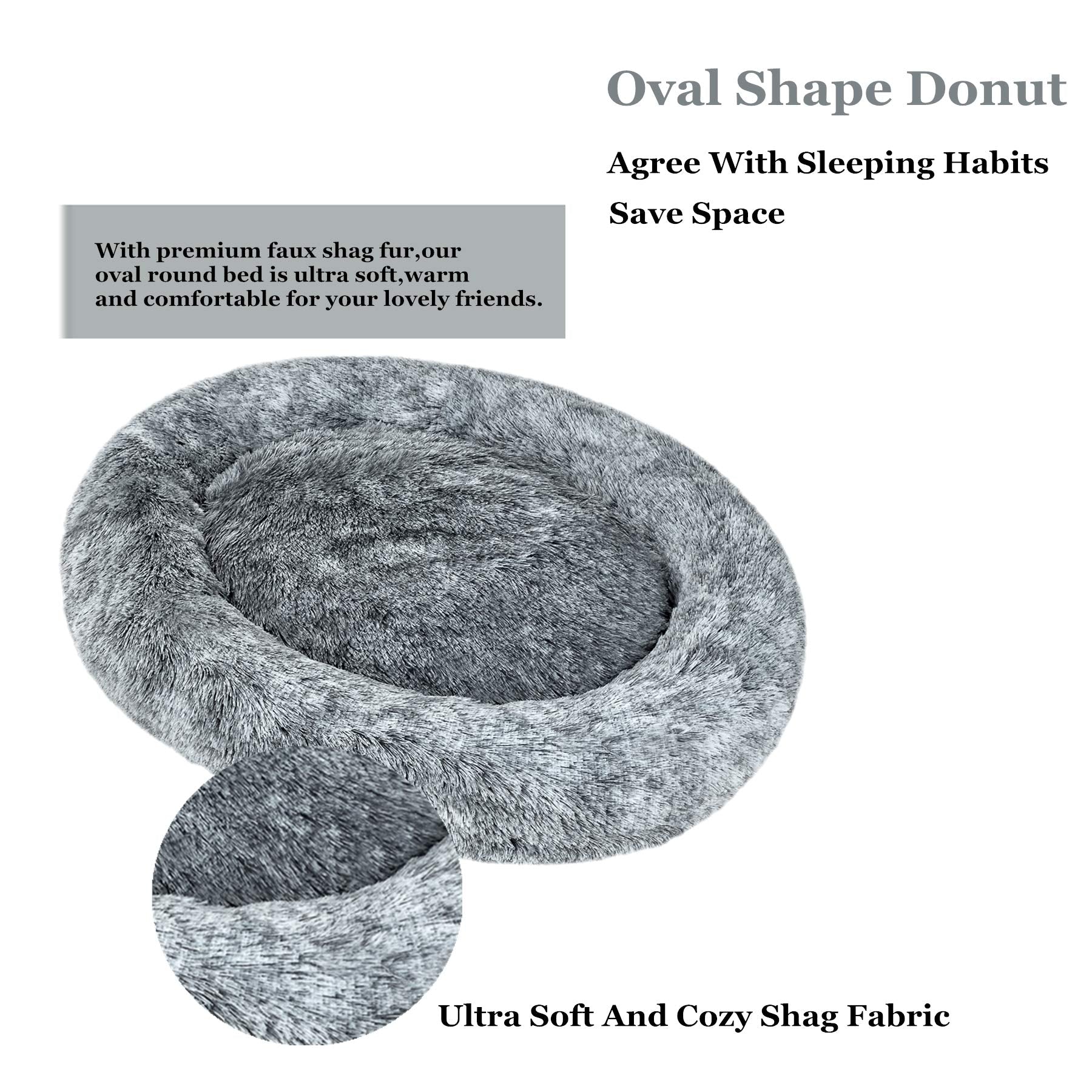 Coohom Oval Calming Donut Cuddler Dog Bed – Grey Shag Faux Fur Round Pet Bed (30/36/43 inches)