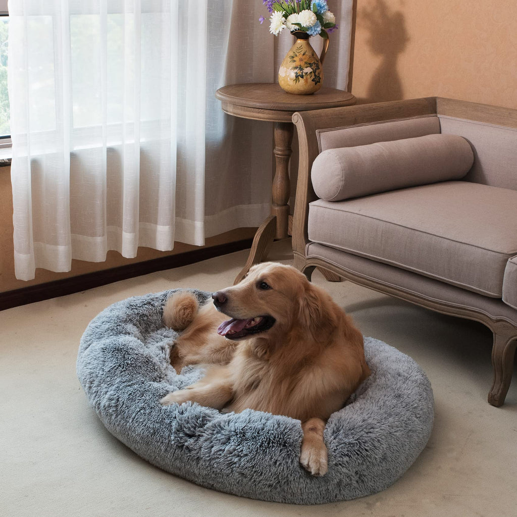 Coohom Oval Calming Donut Cuddler Dog Bed – Grey Shag Faux Fur Round Pet Bed (30/36/43 inches)