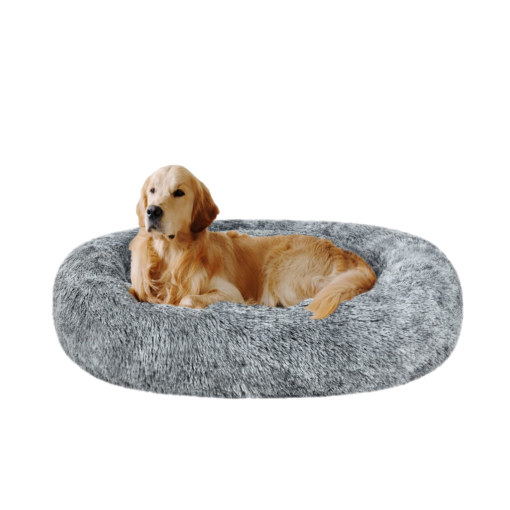 Coohom Oval Calming Donut Cuddler Dog Bed – Grey Shag Faux Fur Round Pet Bed (30/36/43 inches)