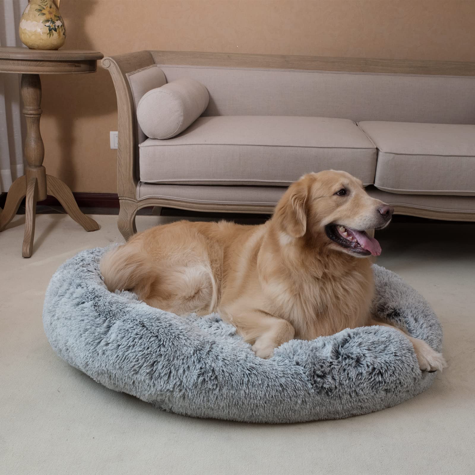 Coohom Oval Calming Donut Cuddler Dog Bed – Grey Shag Faux Fur Round Pet Bed (30/36/43 inches)