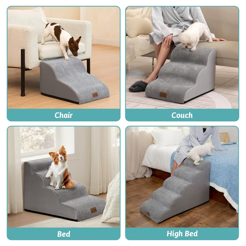 COZY KISS Dog Stairs for Small Dogs — 4-Step Curved Foam Ramp for Sofa, Bed (Grey)
