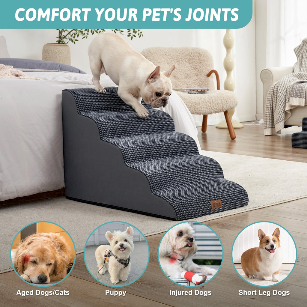 COZY KISS Extra Wide Dog Stairs - 5-Step, 19.7in Wide, Charcoal Grey