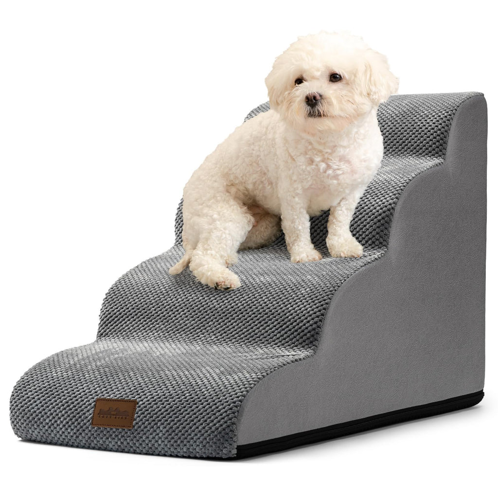 COZY KISS Dog Stairs for Small Dogs — 4-Step Curved Foam Ramp for Sofa, Bed (Grey)