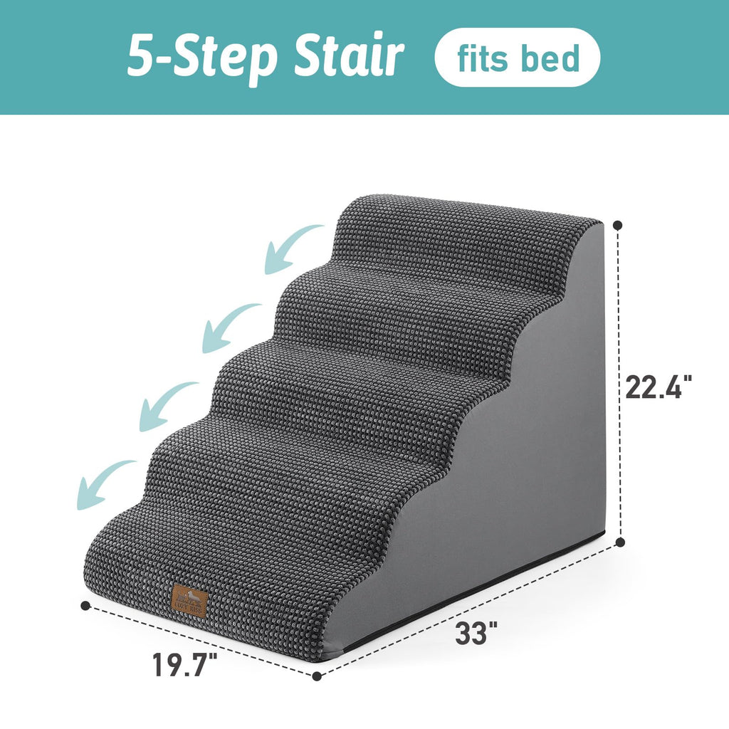 COZY KISS Extra Wide Dog Stairs - 5-Step, 19.7in Wide, Charcoal Grey