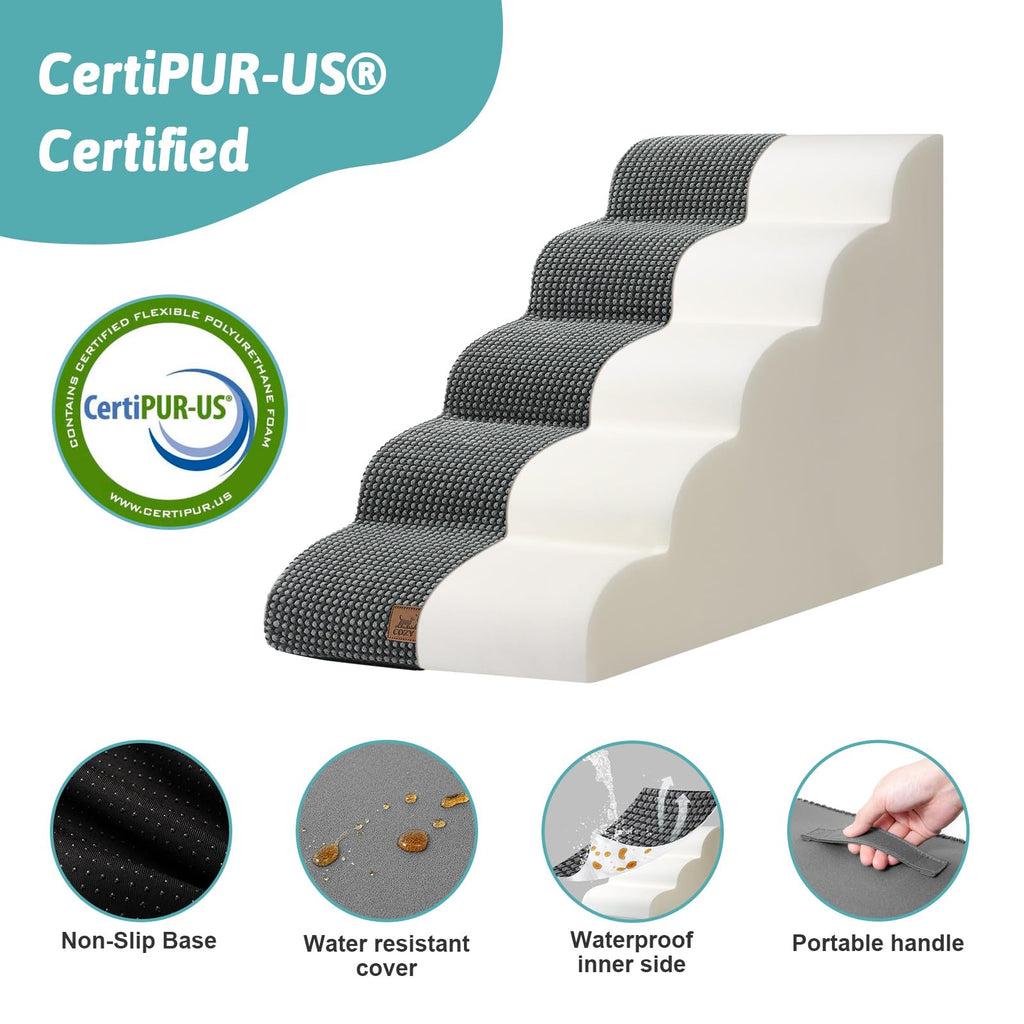 COZY KISS 5-Step Dog Stairs for High Bed – 22.6-Inch Height, Charcoal Grey