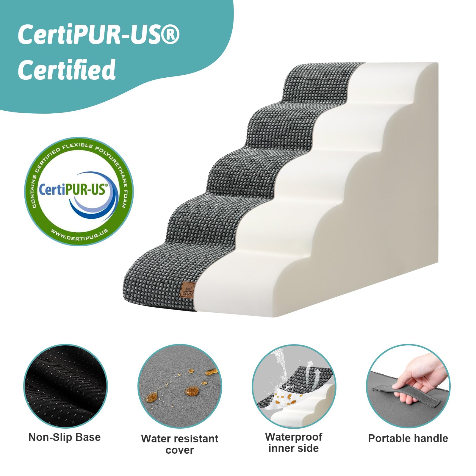 COZY KISS 5-Step Dog Stairs for High Bed – 22.6-Inch Height, Charcoal Grey