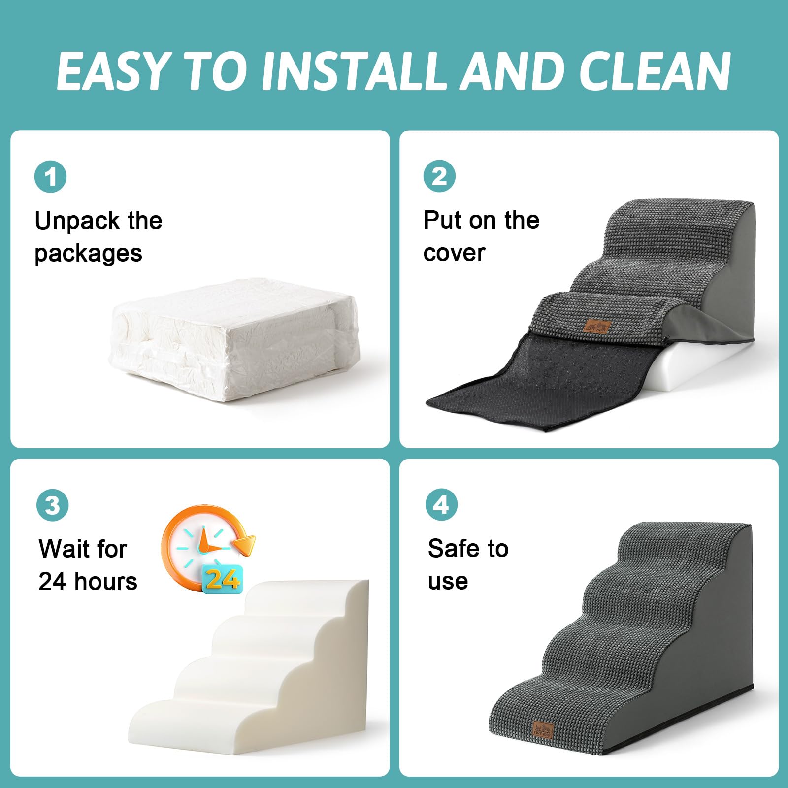 COZY KISS 5-Step Dog Stairs for High Bed – 22.6-Inch Height, Charcoal Grey