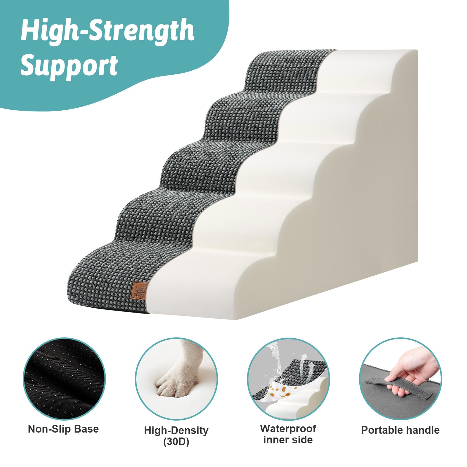 COZY KISS Extra Wide Dog Stairs - 5-Step, 19.7in Wide, Charcoal Grey
