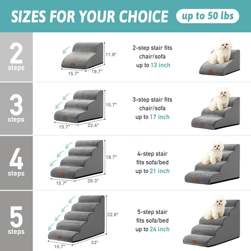 COZY KISS Dog Stairs for Small Dogs — 4-Step Curved Foam Ramp for Sofa, Bed (Grey)
