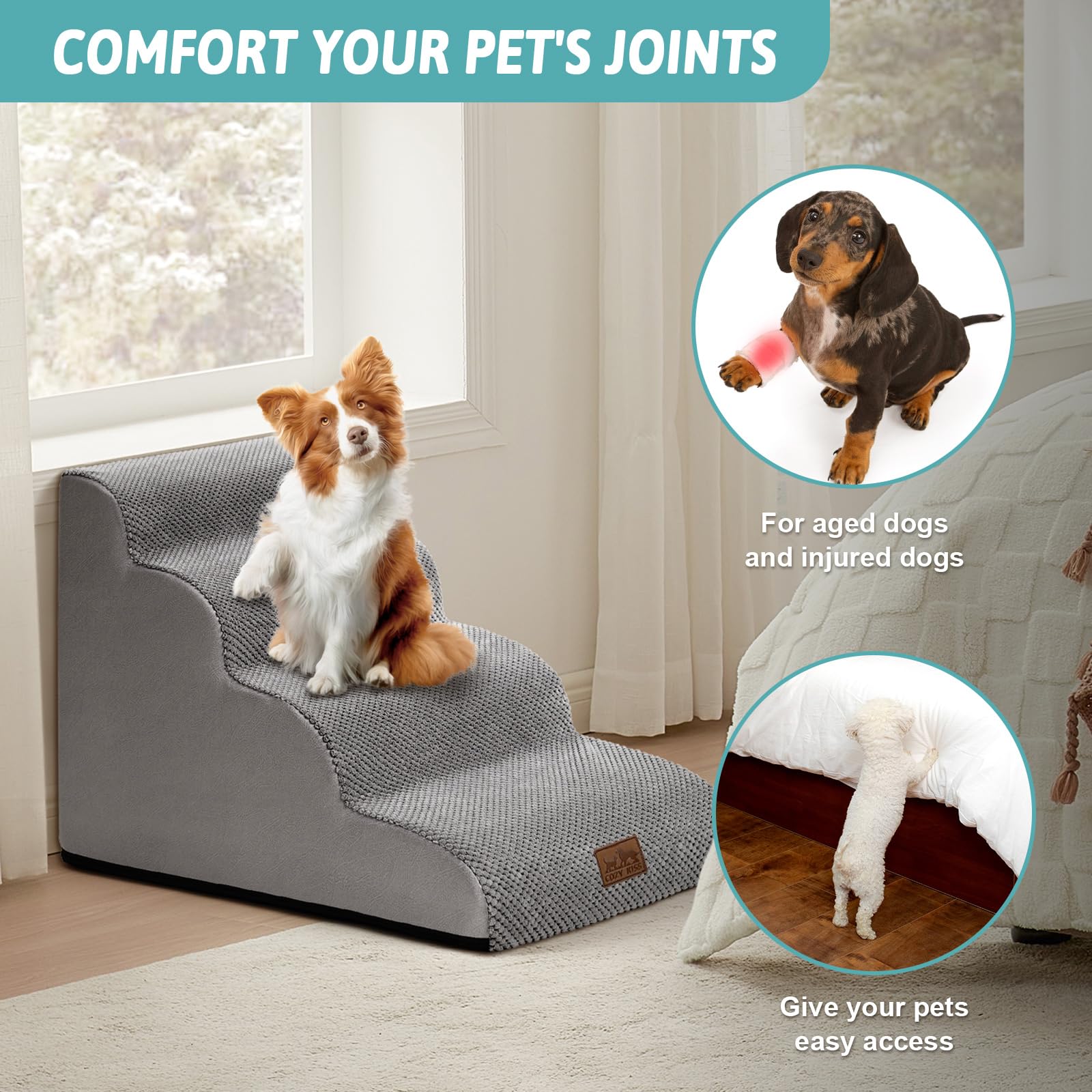COZY KISS Dog Stairs for Small Dogs — 4-Step Curved Foam Ramp for Sofa, Bed (Grey)