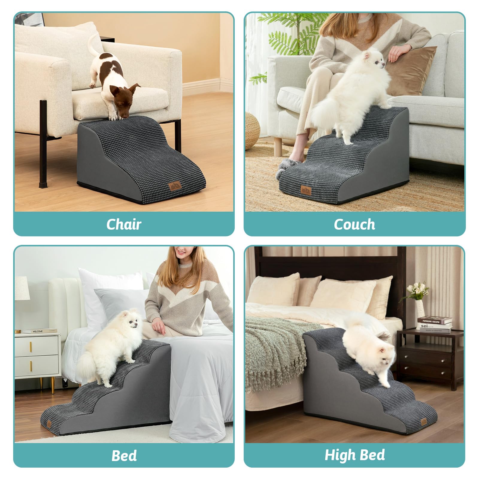 COZY KISS 5-Step Dog Stairs for High Bed – 22.6-Inch Height, Charcoal Grey