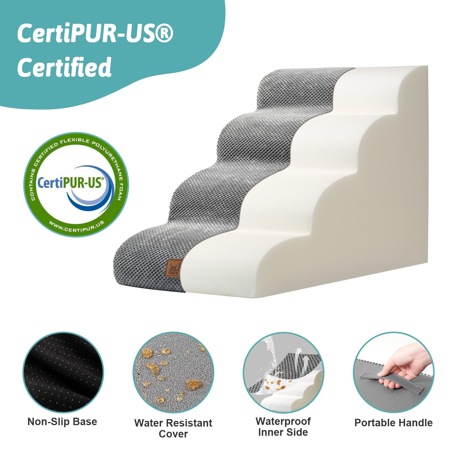 COZY KISS Dog Stairs for Small Dogs — 4-Step Curved Foam Ramp for Sofa, Bed (Grey)