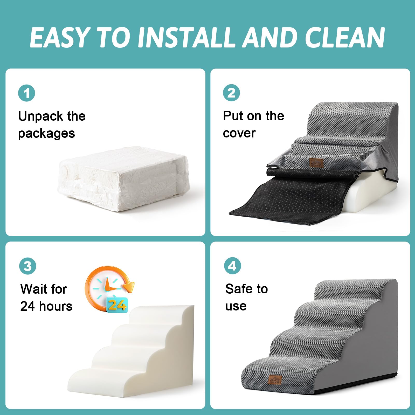 COZY KISS Dog Stairs for Small Dogs — 4-Step Curved Foam Ramp for Sofa, Bed (Grey)
