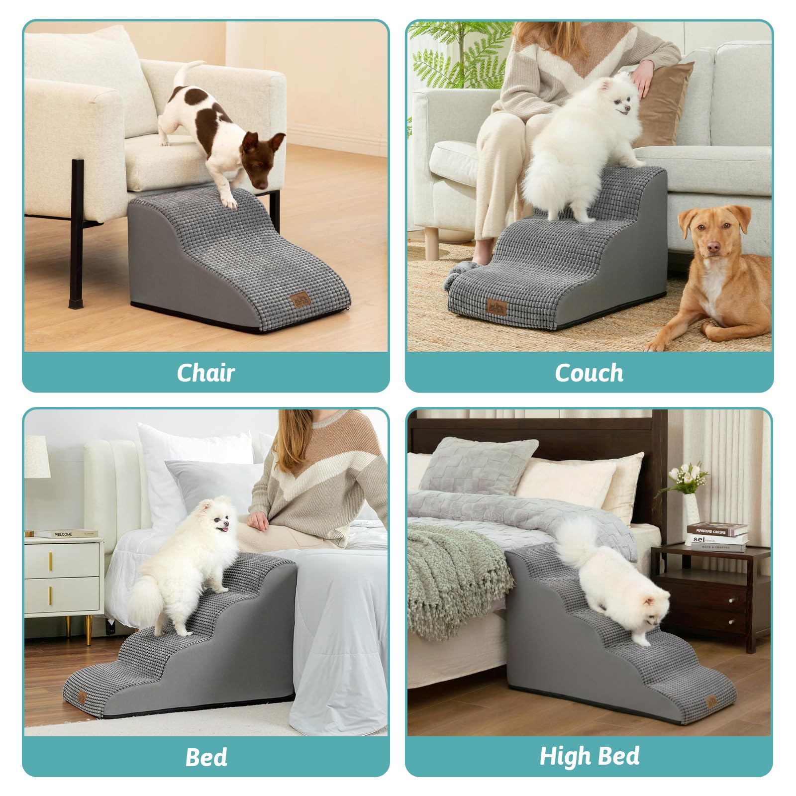 COZY KISS Dog Stairs for Small Dogs - 4-Step Curved Ramp - 19.7 inch Height - Dark Grey