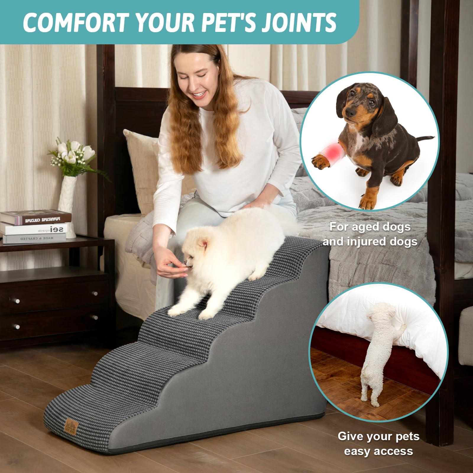 COZY KISS 5-Step Dog Stairs for High Bed – 22.6-Inch Height, Charcoal Grey
