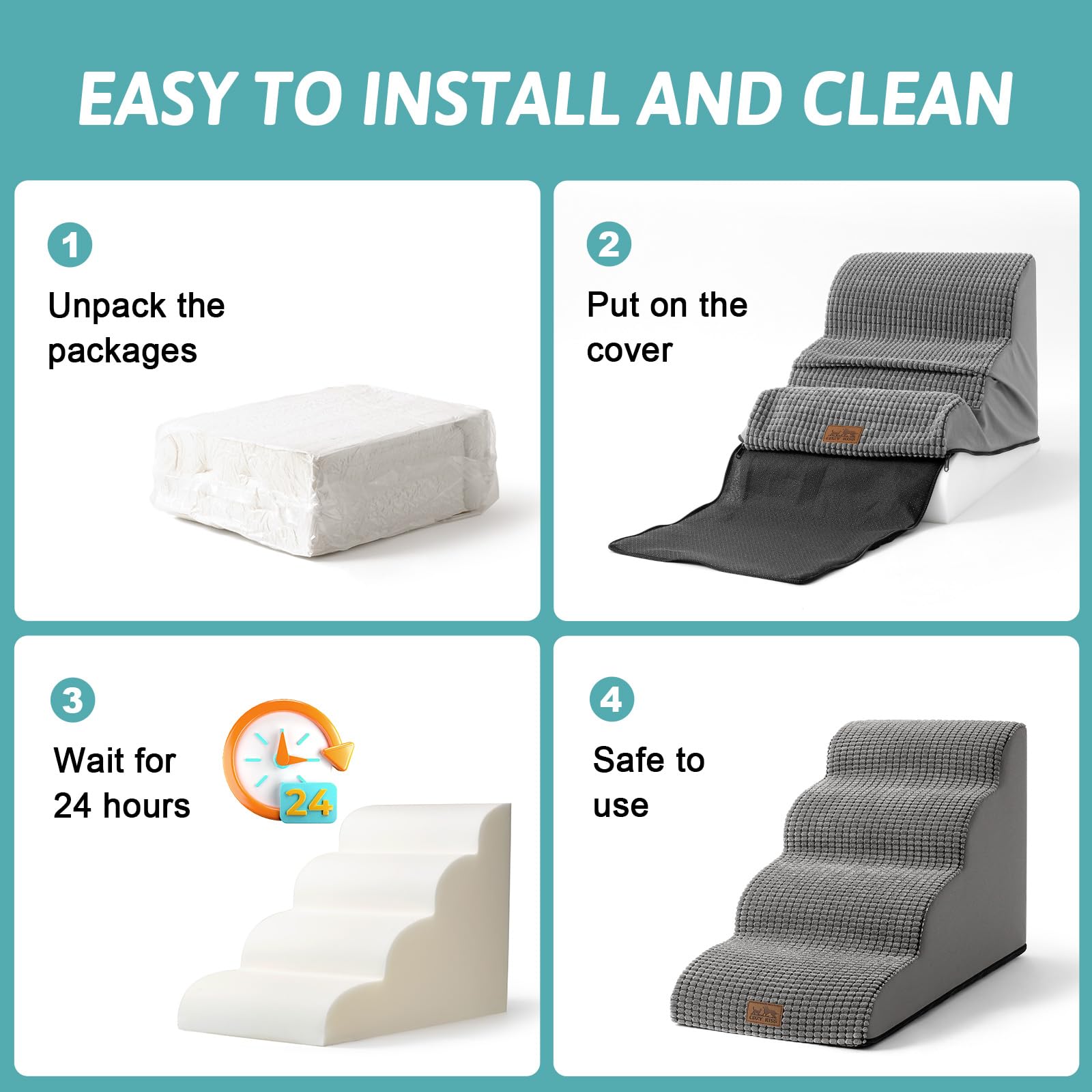 COZY KISS Dog Stairs for Small Dogs - 4-Step Curved Ramp - 19.7 inch Height - Dark Grey