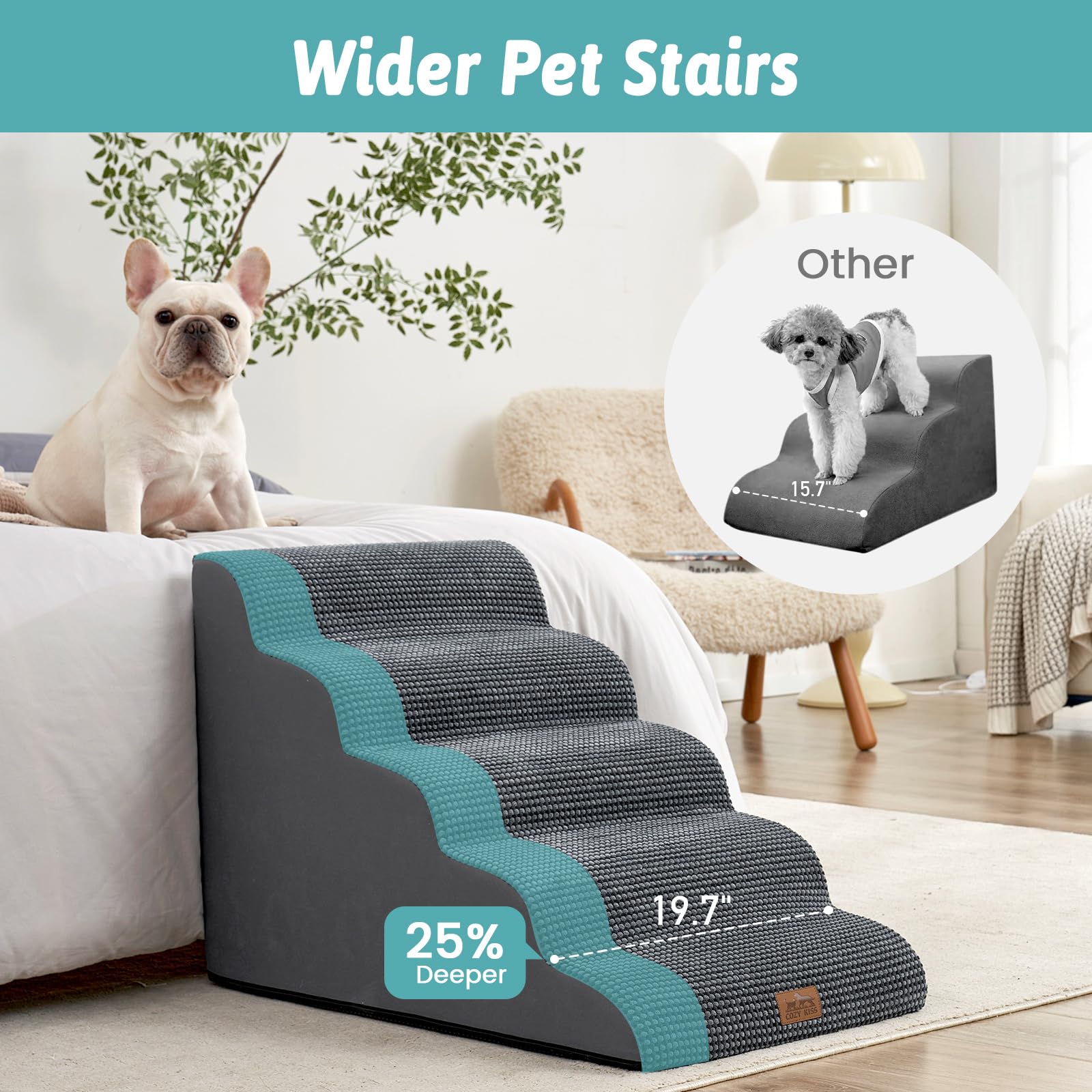 COZY KISS Extra Wide Dog Stairs - 5-Step, 19.7in Wide, Charcoal Grey