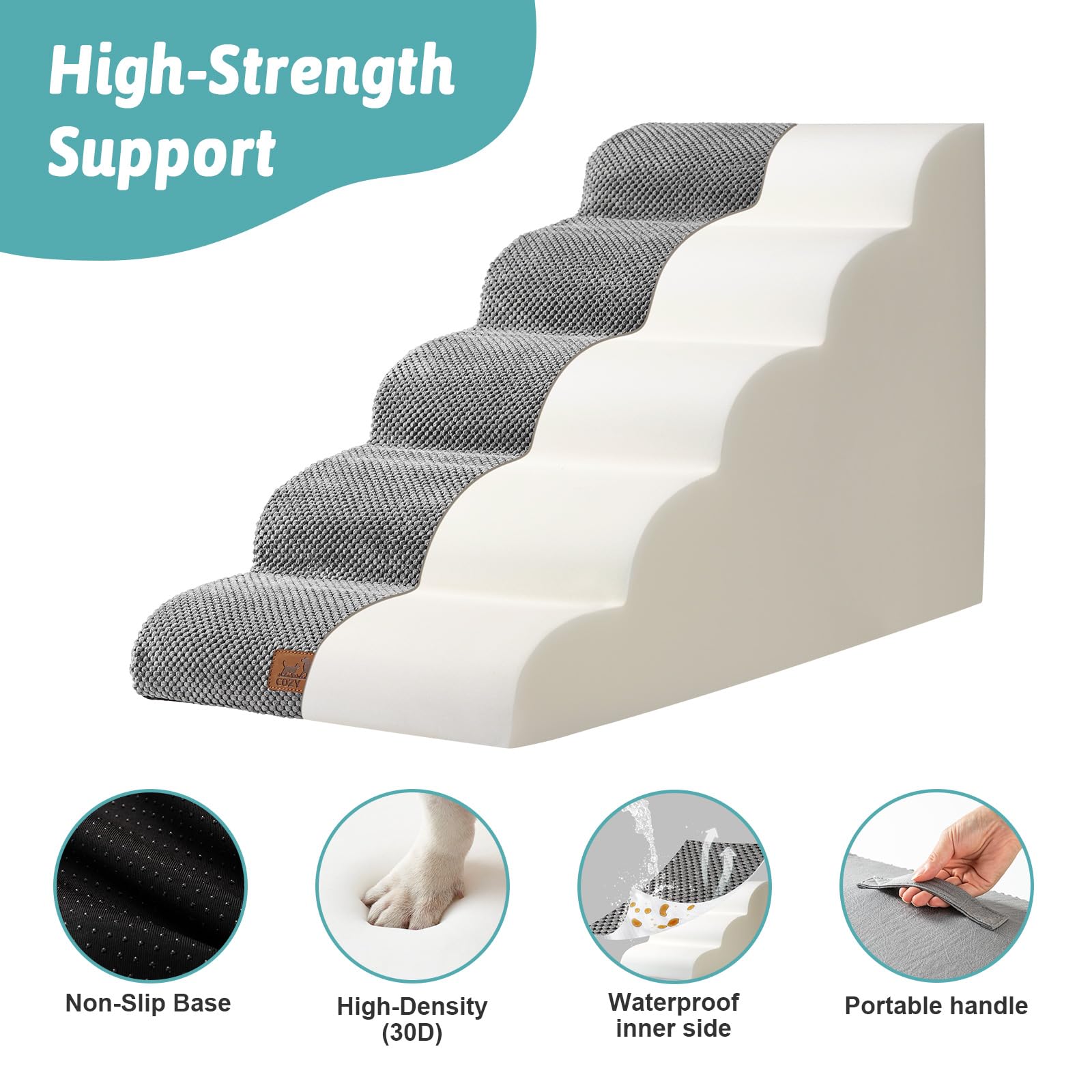 COZY KISS Wide Dog Stairs 19.7\" Wide, 5-Step Pet Steps for Beds & Cars | High-Density Foam