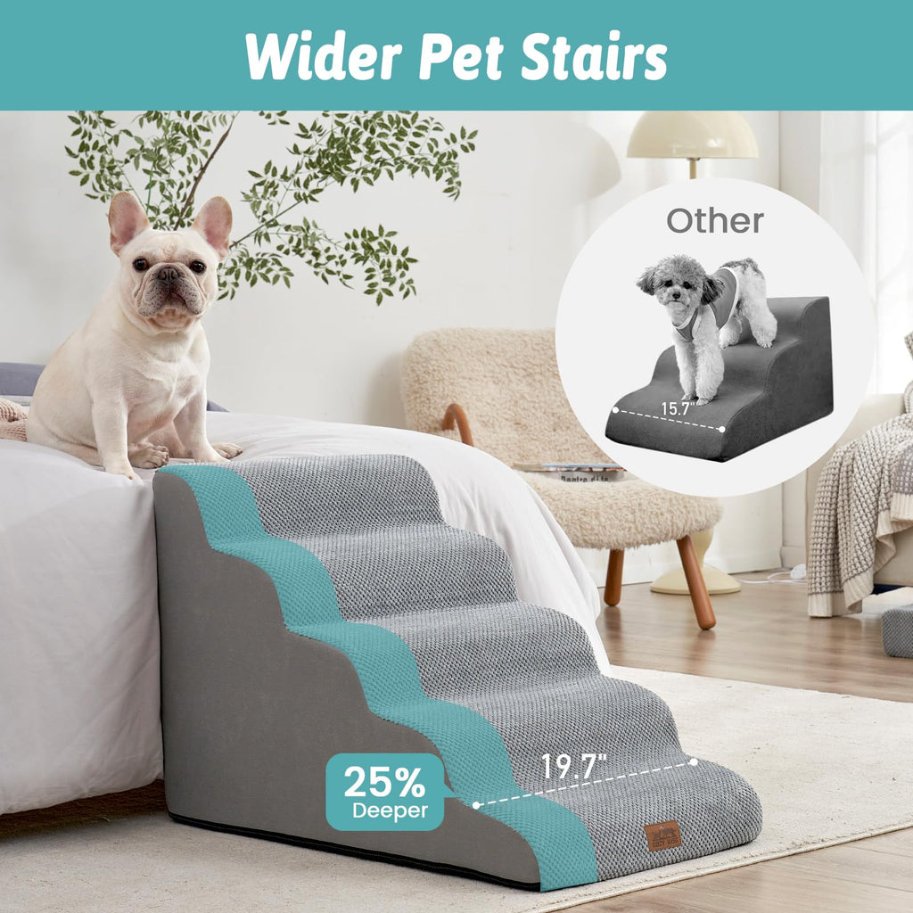 COZY KISS Wide Dog Stairs 19.7\" Wide, 5-Step Pet Steps for Beds & Cars | High-Density Foam