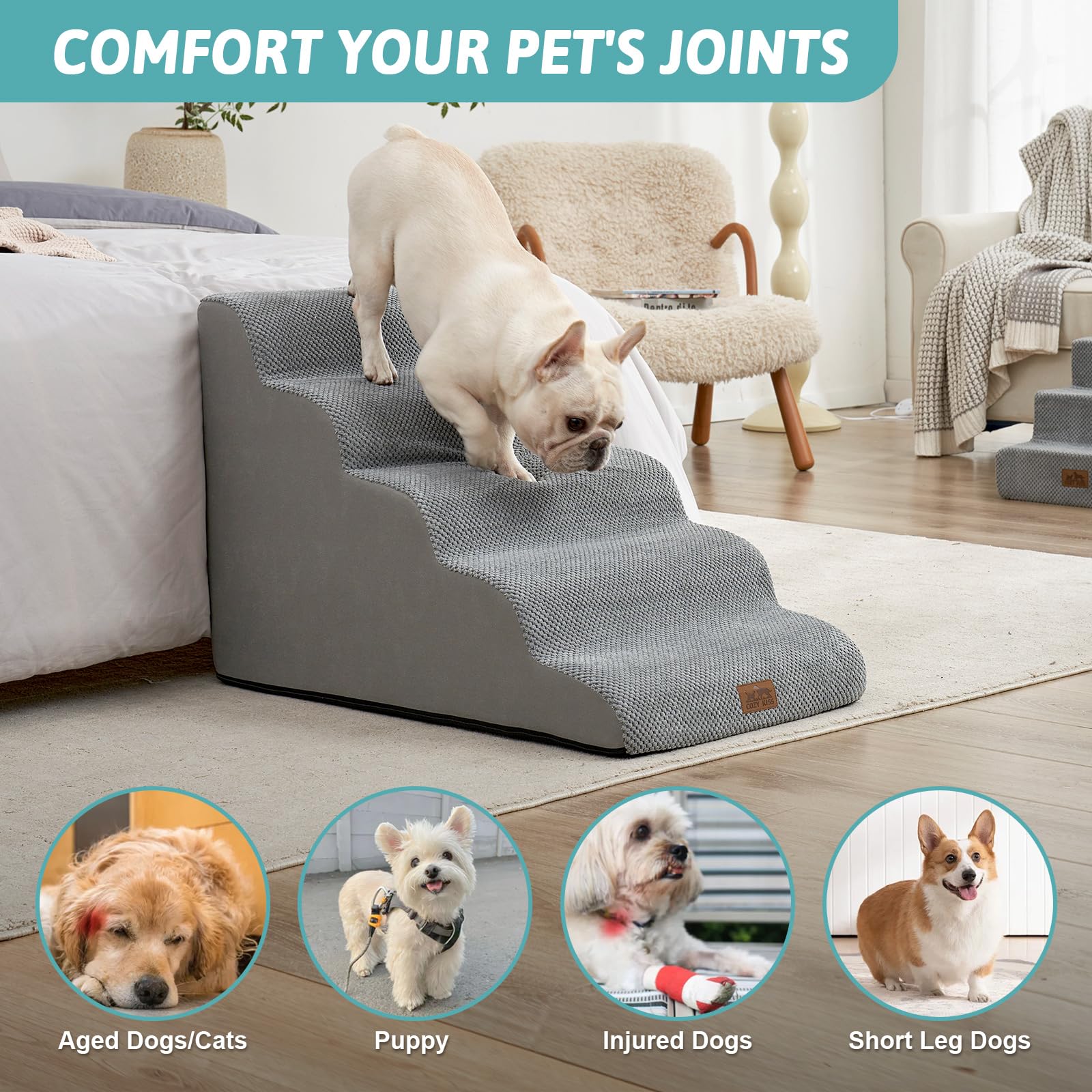 COZY KISS Wide Dog Stairs 19.7\" Wide, 5-Step Pet Steps for Beds & Cars | High-Density Foam