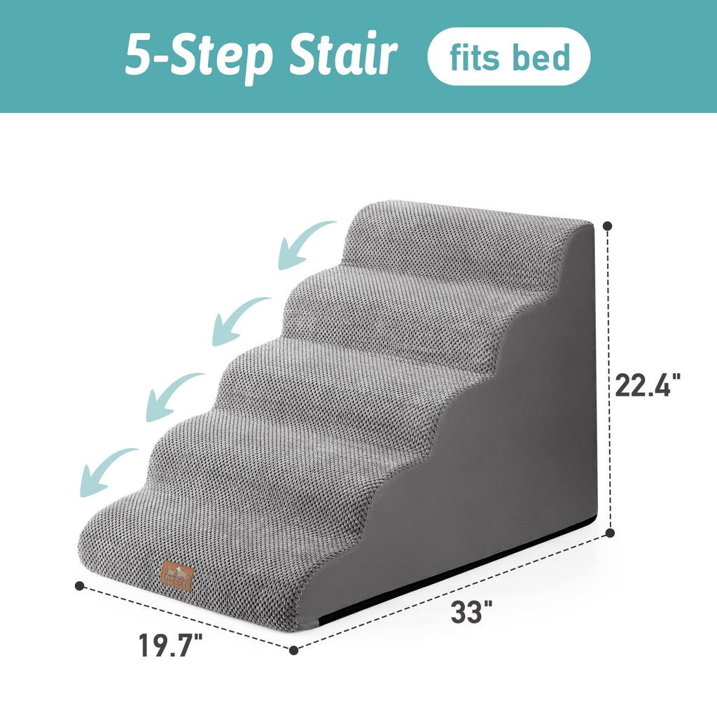 COZY KISS Wide Dog Stairs 19.7\" Wide, 5-Step Pet Steps for Beds & Cars | High-Density Foam
