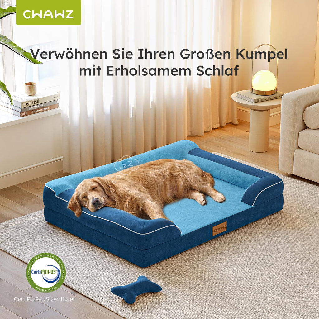 CWAWZ Large Dog Bed – Orthopedic Cooling Gel Memory Foam, 36" Navy Dutch Velvet with Bone Toy