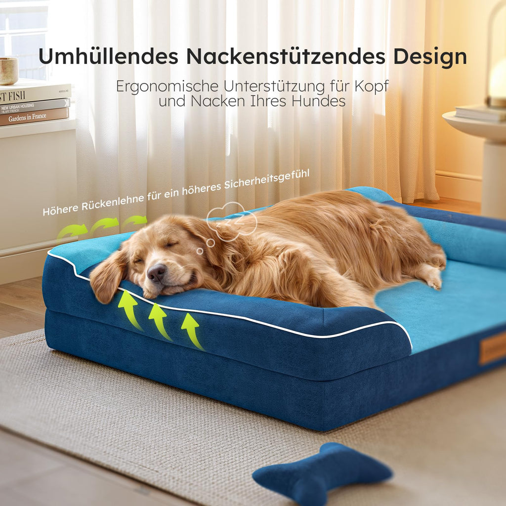 CWAWZ Large Dog Bed – Orthopedic Cooling Gel Memory Foam, 36" Navy Dutch Velvet with Bone Toy