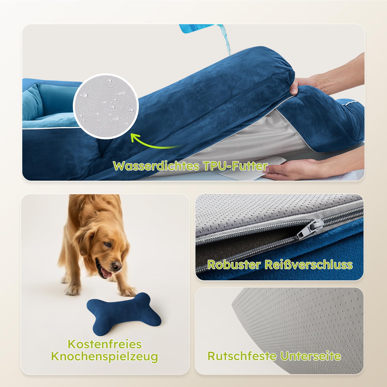 CWAWZ Large Dog Bed – Orthopedic Cooling Gel Memory Foam, 36" Navy Dutch Velvet with Bone Toy