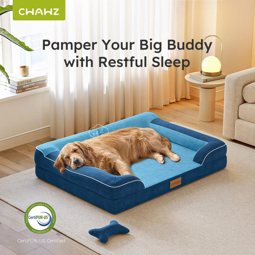 CWAWZ XXL Dog Bed for Extra Large Dogs – Orthopedic, Cooling Gel Foam, 53-inch Navy Dutch Velvet