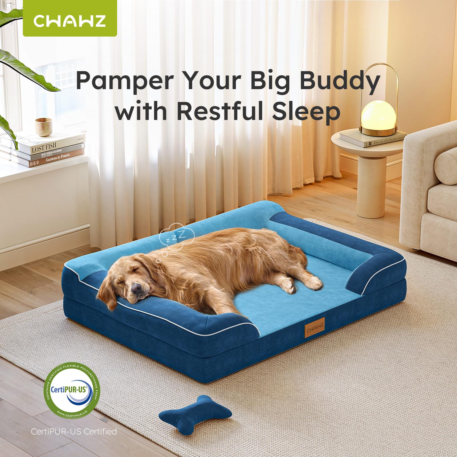 CWAWZ XXL Dog Bed for Extra Large Dogs – Orthopedic, Cooling Gel Foam, 53-inch Navy Dutch Velvet