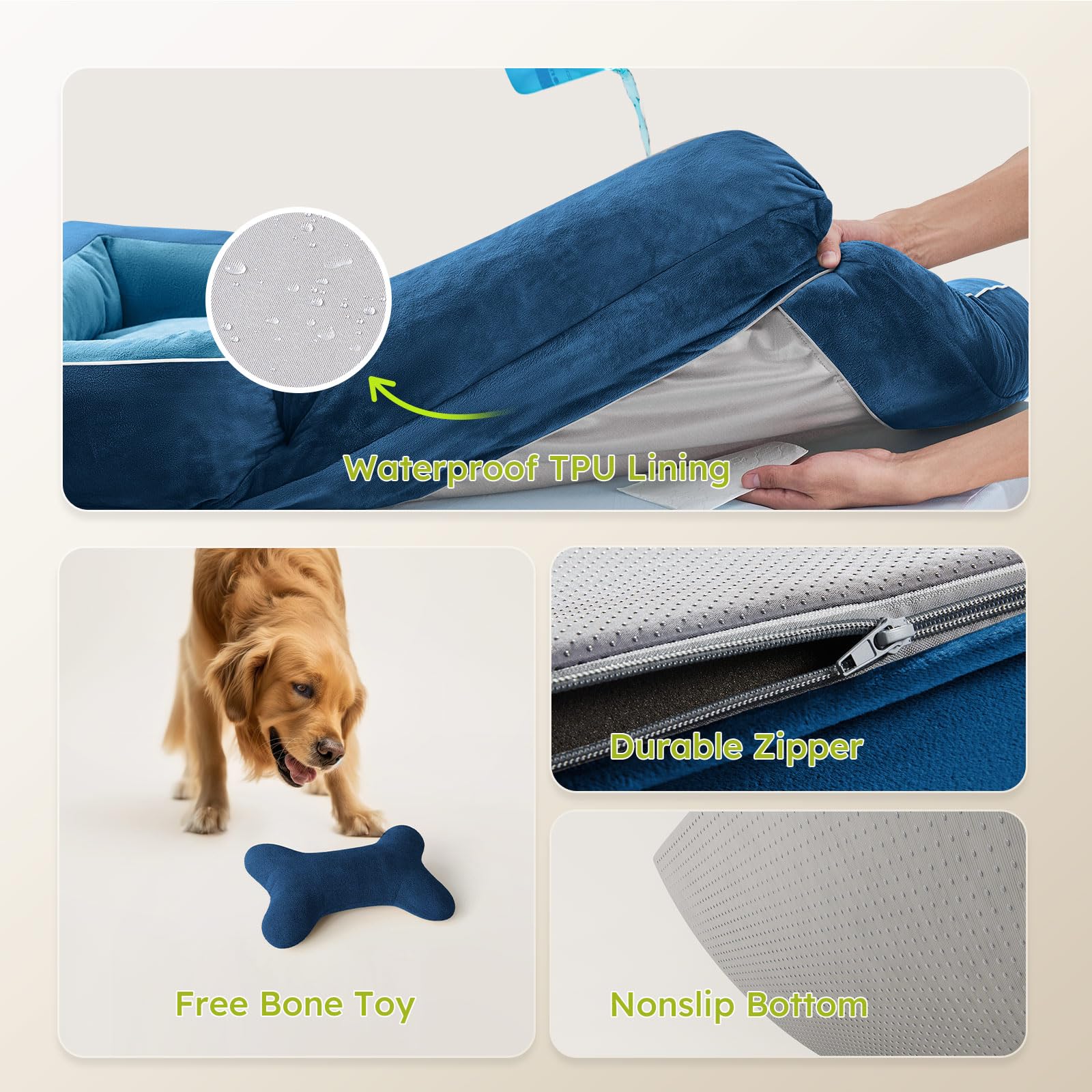 CWAWZ XXL Dog Bed for Extra Large Dogs – Orthopedic, Cooling Gel Foam, 53-inch Navy Dutch Velvet