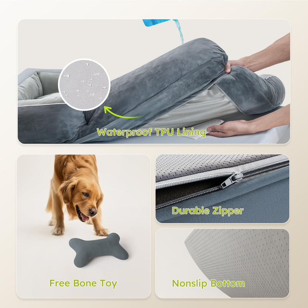 CWAWZ XXL Dog Bed for Extra Large Dogs | Orthopedic Foam, Cooling Gel, Waterproof 53-Inch Velvet Bed
