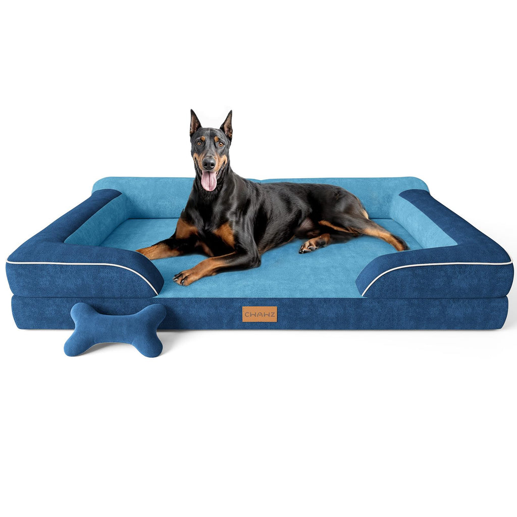 CWAWZ XXL Dog Bed for Extra Large Dogs – Orthopedic, Cooling Gel Foam, 53-inch Navy Dutch Velvet
